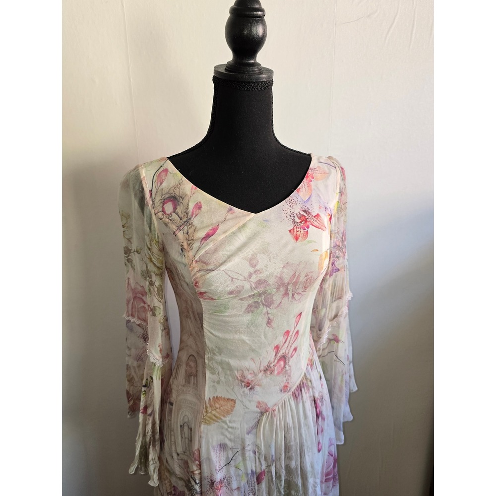 Romantic Floral Maxi Dress Women Sheer Overlay Bell Sleeve renfair fairycore - Picture 3 of 16